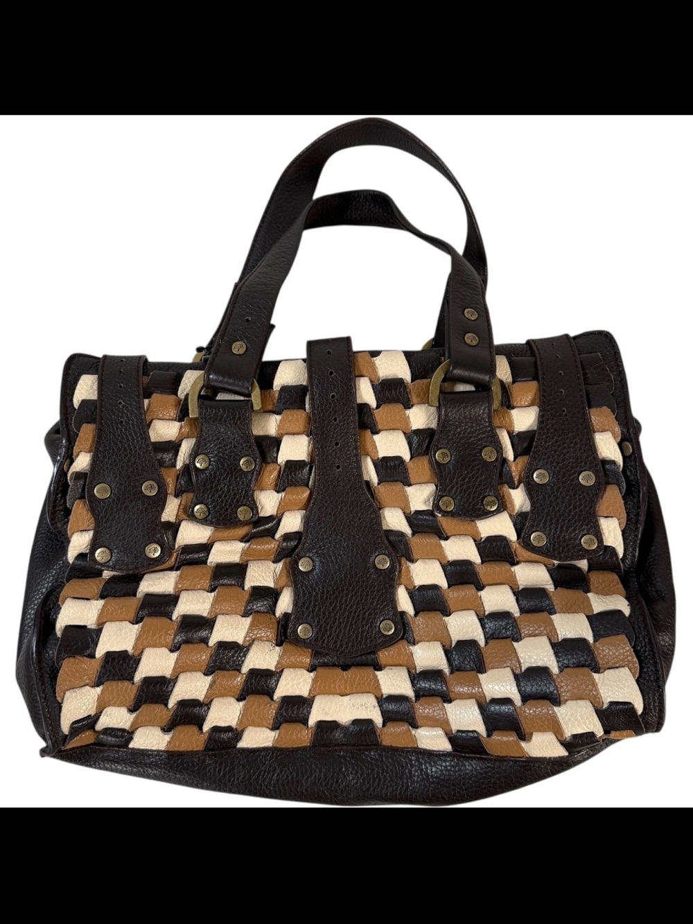 Mulberry Woven Leather Satchel in Brown, Tan & Cream